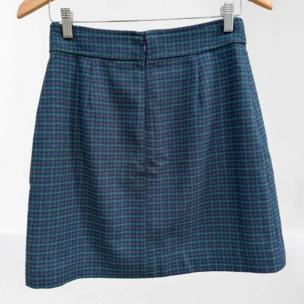 J. Crew Womens Blue Green Houndstooth Wool Blend Mini Skirt Size 2